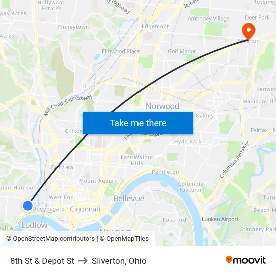 8th St & Depot St to Silverton, Ohio map