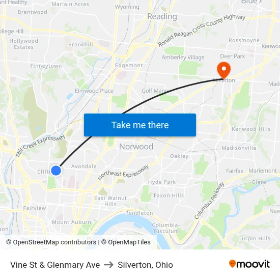 Vine St & Glenmary Ave to Silverton, Ohio map
