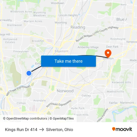 Kings Run Dr 414 to Silverton, Ohio map