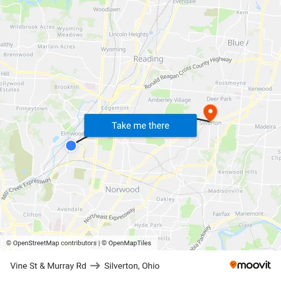 Vine St & Murray Rd to Silverton, Ohio map