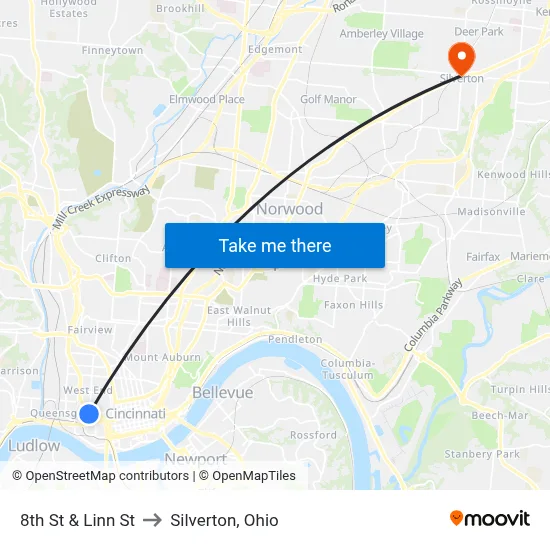 8th St & Linn St to Silverton, Ohio map