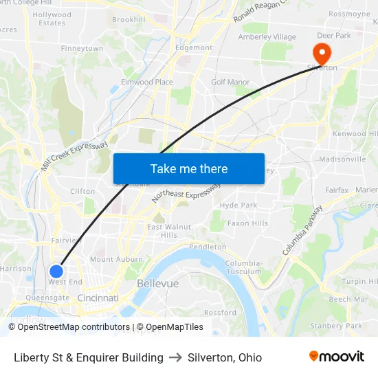 Liberty St & Enquirer Building to Silverton, Ohio map