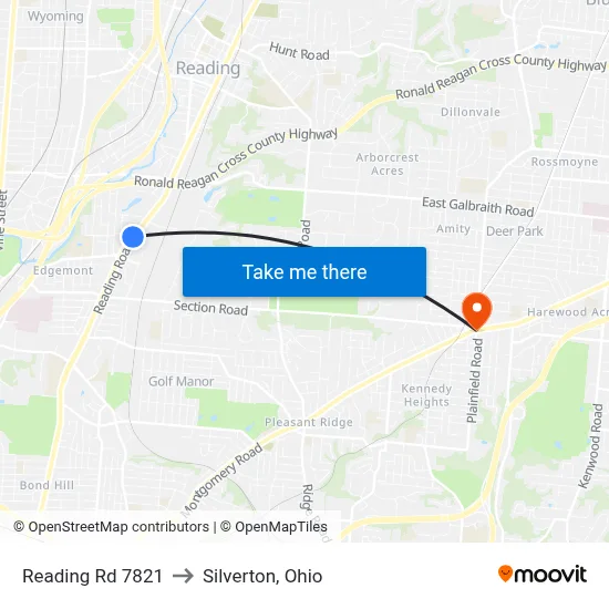 Reading Rd 7821 to Silverton, Ohio map