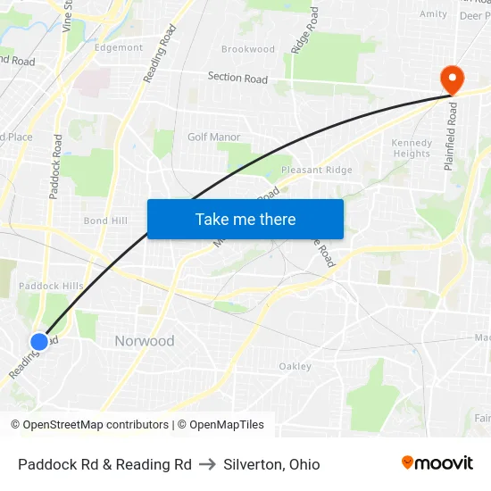 Paddock Rd & Reading Rd to Silverton, Ohio map