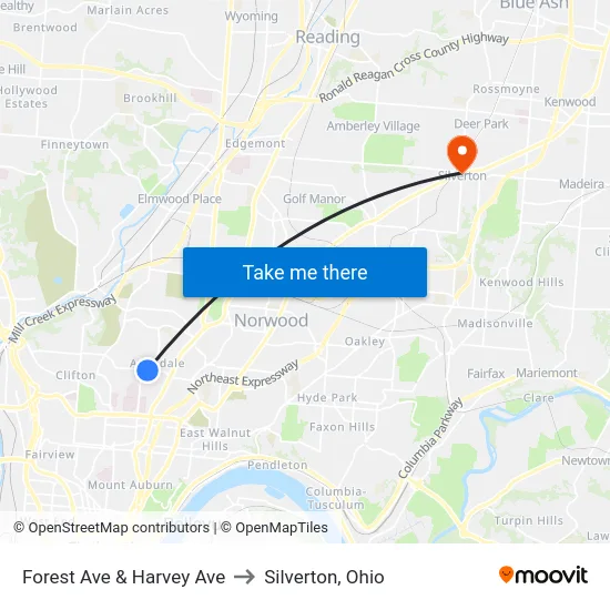 Forest Ave & Harvey Ave to Silverton, Ohio map