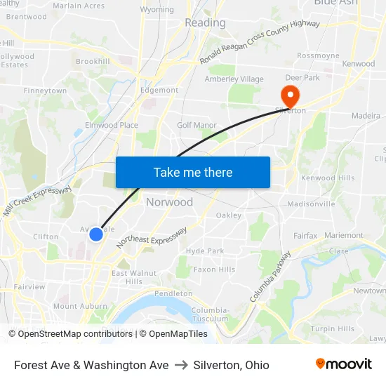 Forest Ave & Washington Ave to Silverton, Ohio map