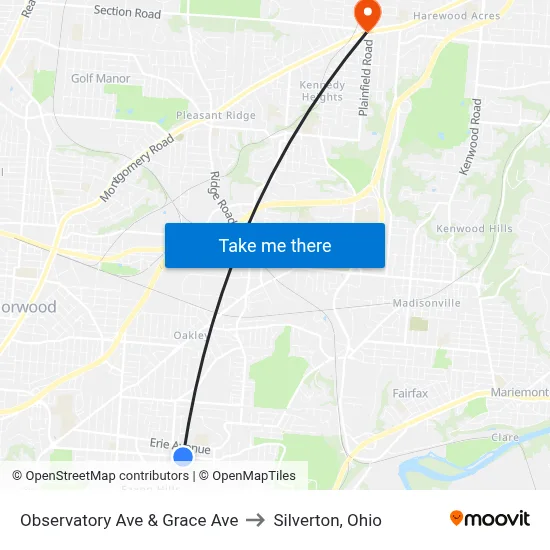 Observatory Ave & Grace Ave to Silverton, Ohio map