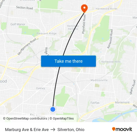 Marburg Ave & Erie Ave to Silverton, Ohio map
