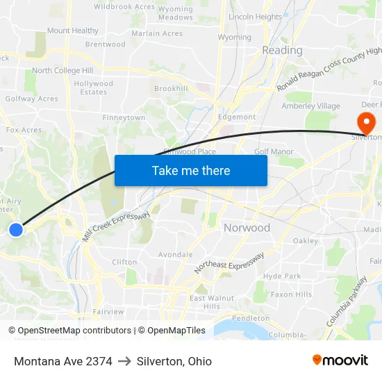 Montana Ave 2374 to Silverton, Ohio map