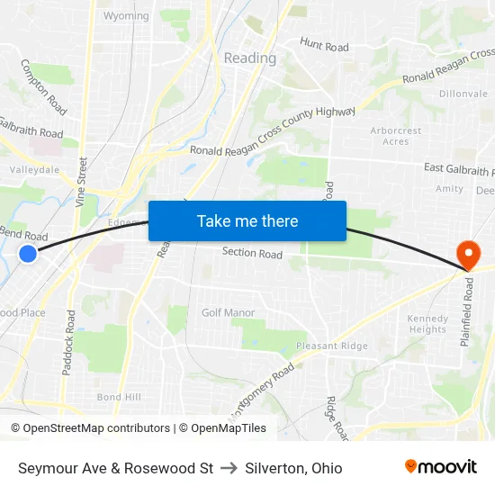 Seymour Ave & Rosewood St to Silverton, Ohio map