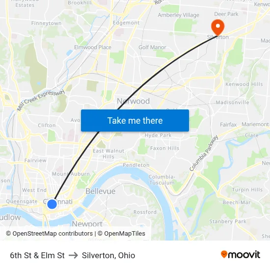6th St & Elm St to Silverton, Ohio map