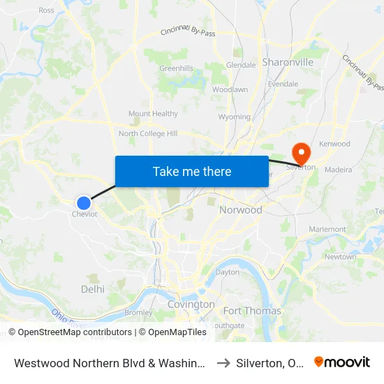 Westwood Northern Blvd & Washington to Silverton, Ohio map
