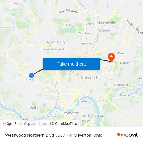 Westwood Northern Blvd 3657 to Silverton, Ohio map