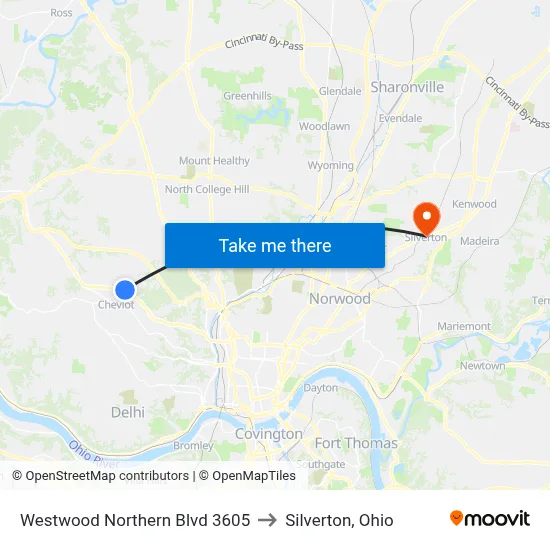 Westwood Northern Blvd 3605 to Silverton, Ohio map