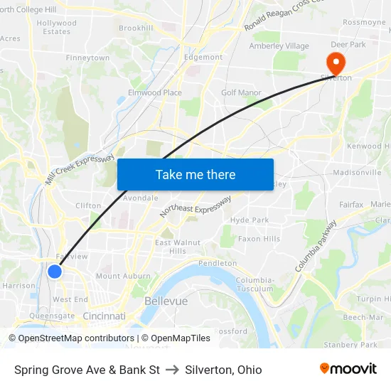 Spring Grove Ave & Bank St to Silverton, Ohio map