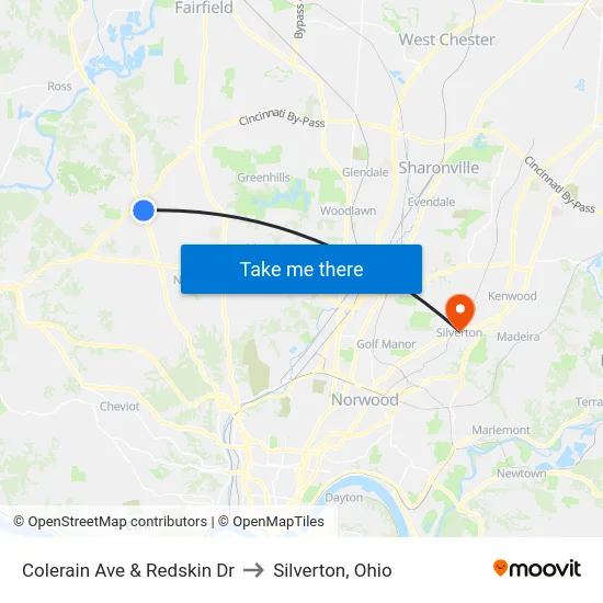 Colerain Ave & Redskin Dr to Silverton, Ohio map