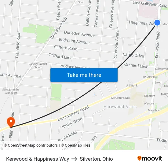 Kenwood & Happiness Way to Silverton, Ohio map