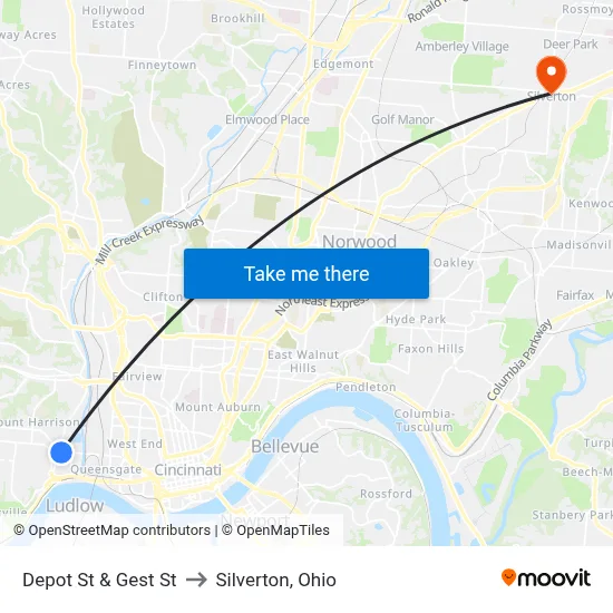 Depot St & Gest St to Silverton, Ohio map