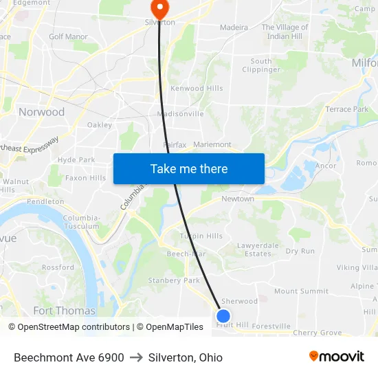 Beechmont Ave 6900 to Silverton, Ohio map