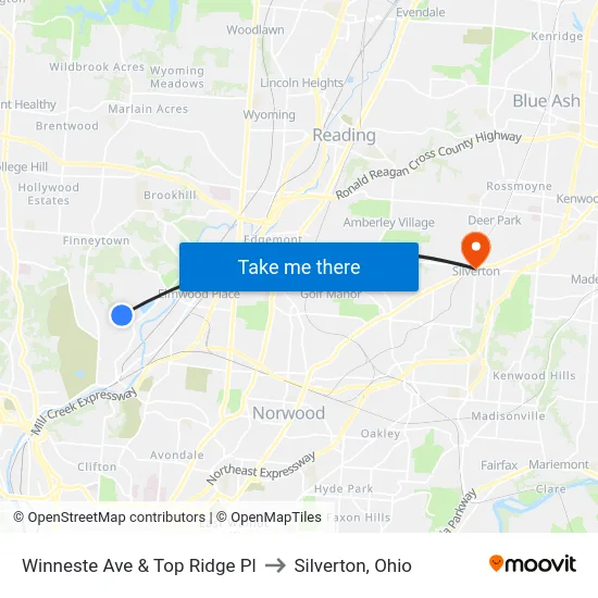 Winneste Ave & Top Ridge Pl to Silverton, Ohio map