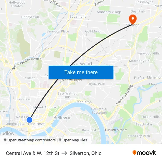 Central Ave & W. 12th St to Silverton, Ohio map