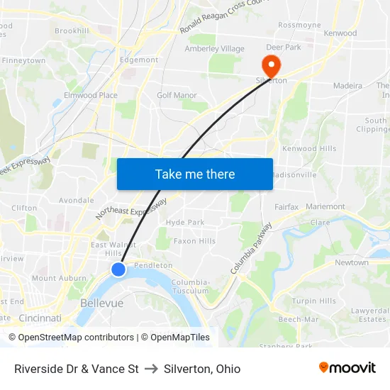 Riverside Dr & Vance St to Silverton, Ohio map