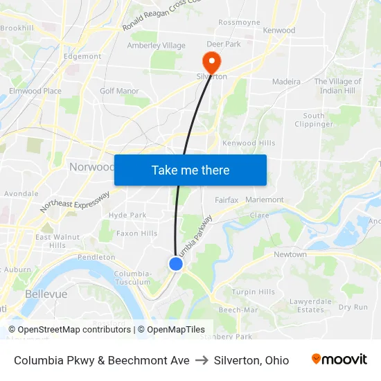 Columbia Pkwy & Beechmont Ave to Silverton, Ohio map