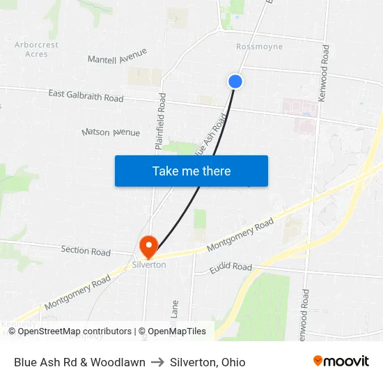Blue Ash Rd & Woodlawn to Silverton, Ohio map