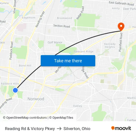 Reading Rd & Victory Pkwy to Silverton, Ohio map