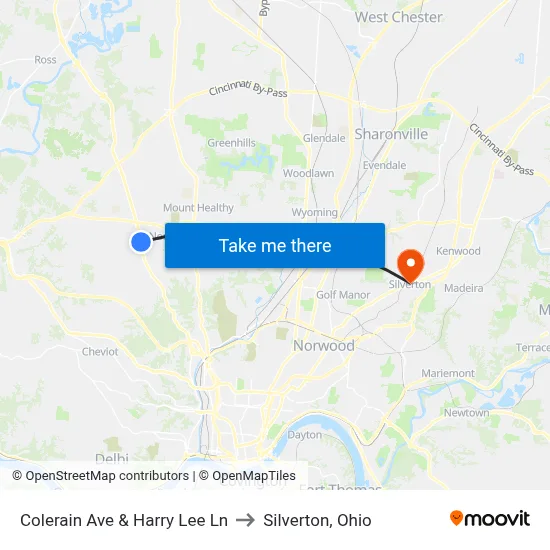 Colerain Ave & Harry Lee Ln to Silverton, Ohio map