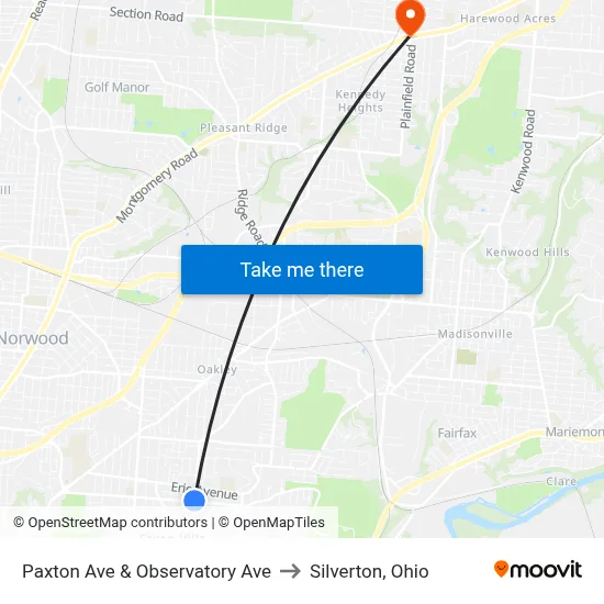 Paxton Ave & Observatory Ave to Silverton, Ohio map