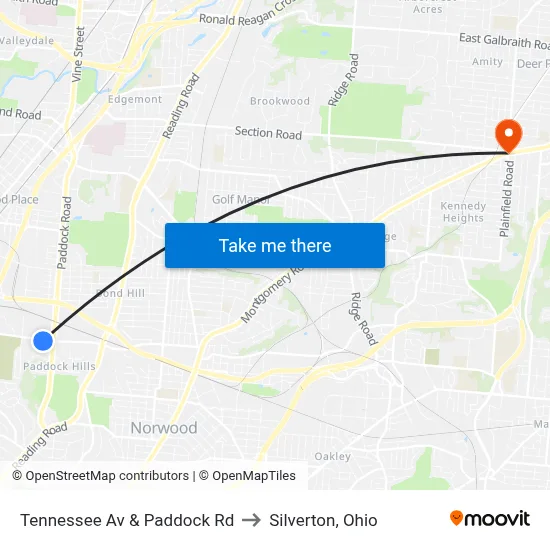 Tennessee Av & Paddock Rd to Silverton, Ohio map