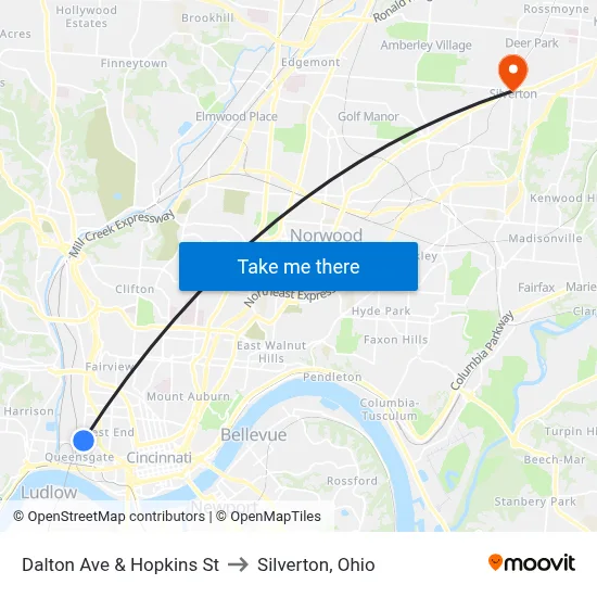 Dalton Ave & Hopkins St to Silverton, Ohio map