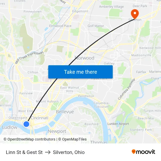 Linn St & Gest St to Silverton, Ohio map