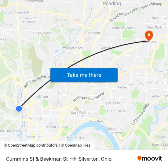 Cummins St & Beekman St to Silverton, Ohio map