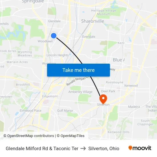 Glendale Milford Rd & Taconic Ter to Silverton, Ohio map