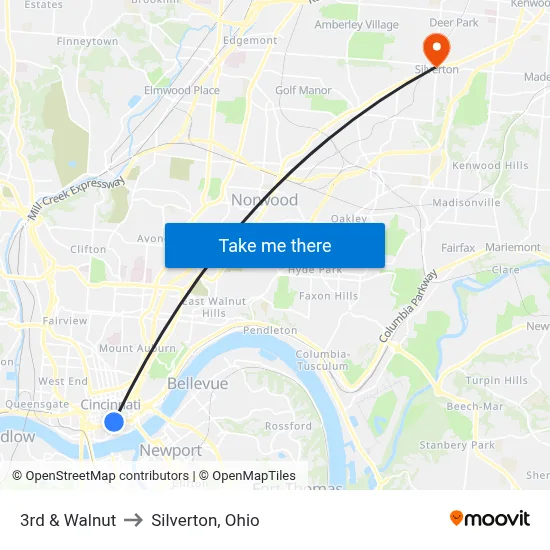 3rd & Walnut to Silverton, Ohio map