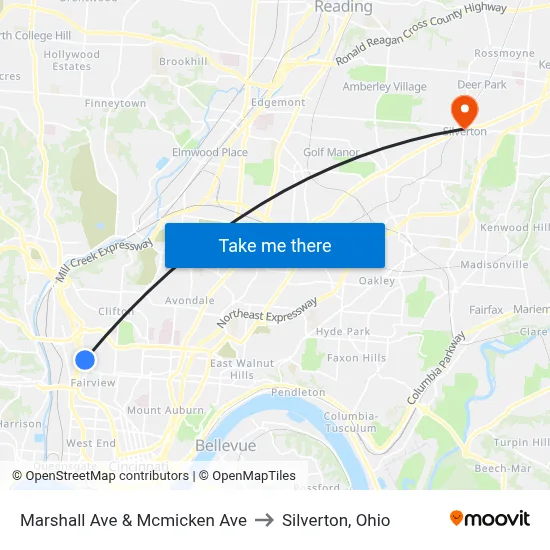 Marshall Ave & Mcmicken Ave to Silverton, Ohio map