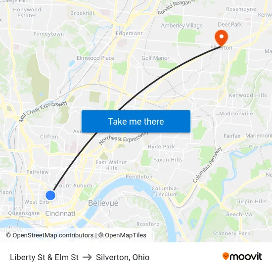 Liberty St & Elm St to Silverton, Ohio map