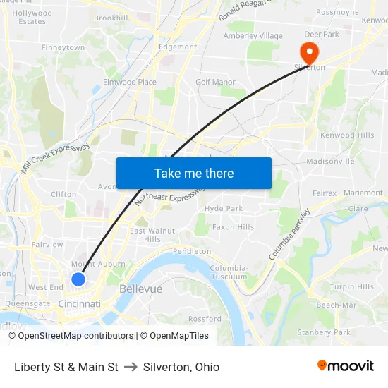 Liberty St & Main St to Silverton, Ohio map