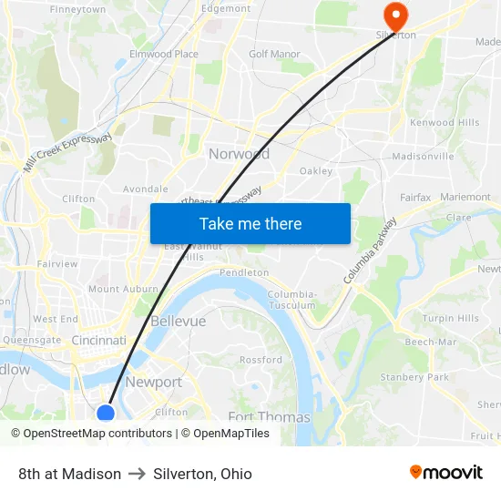 8th at Madison to Silverton, Ohio map