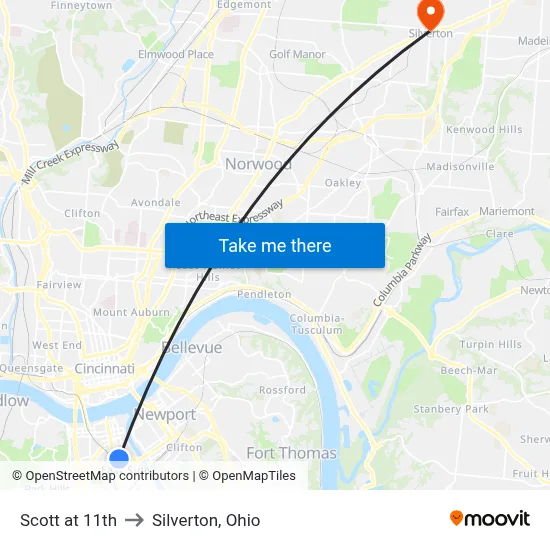 Scott at 11th to Silverton, Ohio map