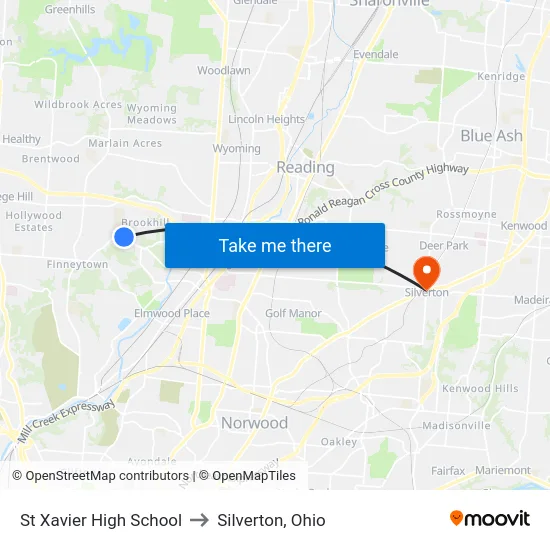 St Xavier High School to Silverton, Ohio map