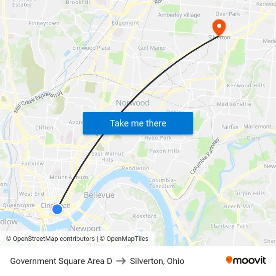 Government Square Area D to Silverton, Ohio map
