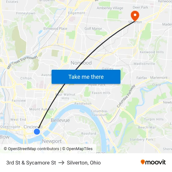 3rd St & Sycamore St to Silverton, Ohio map