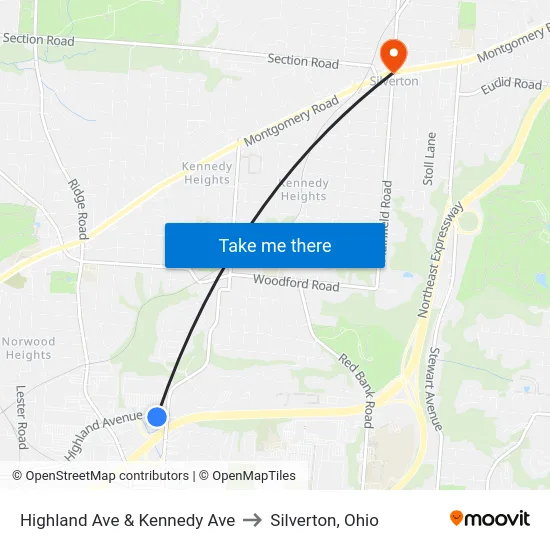 Highland Ave & Kennedy Ave to Silverton, Ohio map