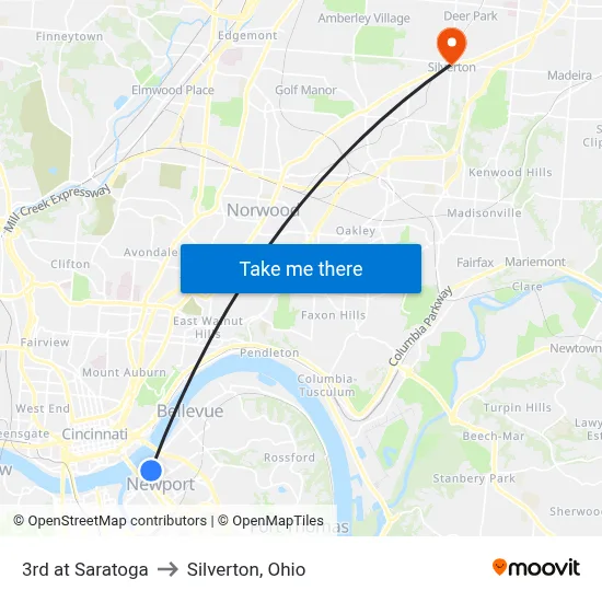 3rd at Saratoga to Silverton, Ohio map