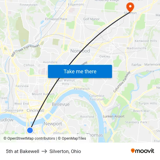 5th at Bakewell to Silverton, Ohio map