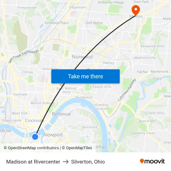Madison at Rivercenter to Silverton, Ohio map
