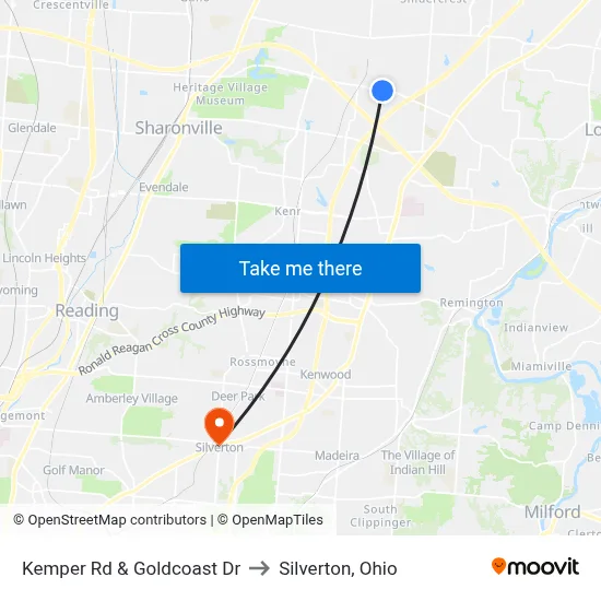 Kemper Rd & Goldcoast Dr to Silverton, Ohio map
